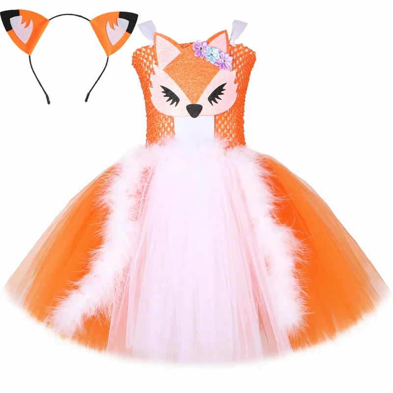 RT01 Orange White Fox Tutu Dress for Girls Birthday Party Carnival Fancy Dresses Animal Cosplay Halloween Costume for Kids C*Jk2