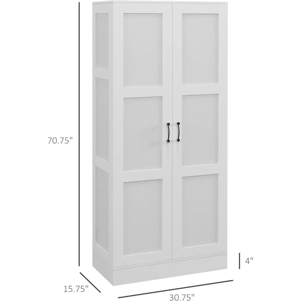 Высокий шкаф для хранения 71 дюймов с подвижными полками для хранения, шкаф для кладовой в современном стиле с дверцами с мягким закрыванием, белый