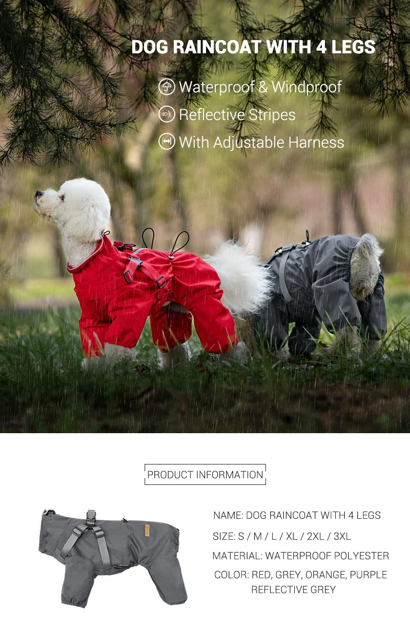 Hunderegenmantel mit Geschirr, wasserdichte Haustier-Regenjacke für kleine Hunde, verstellbarer, reflektierender Hunde-Regenoverall mit 4 Beinen – Detail 2