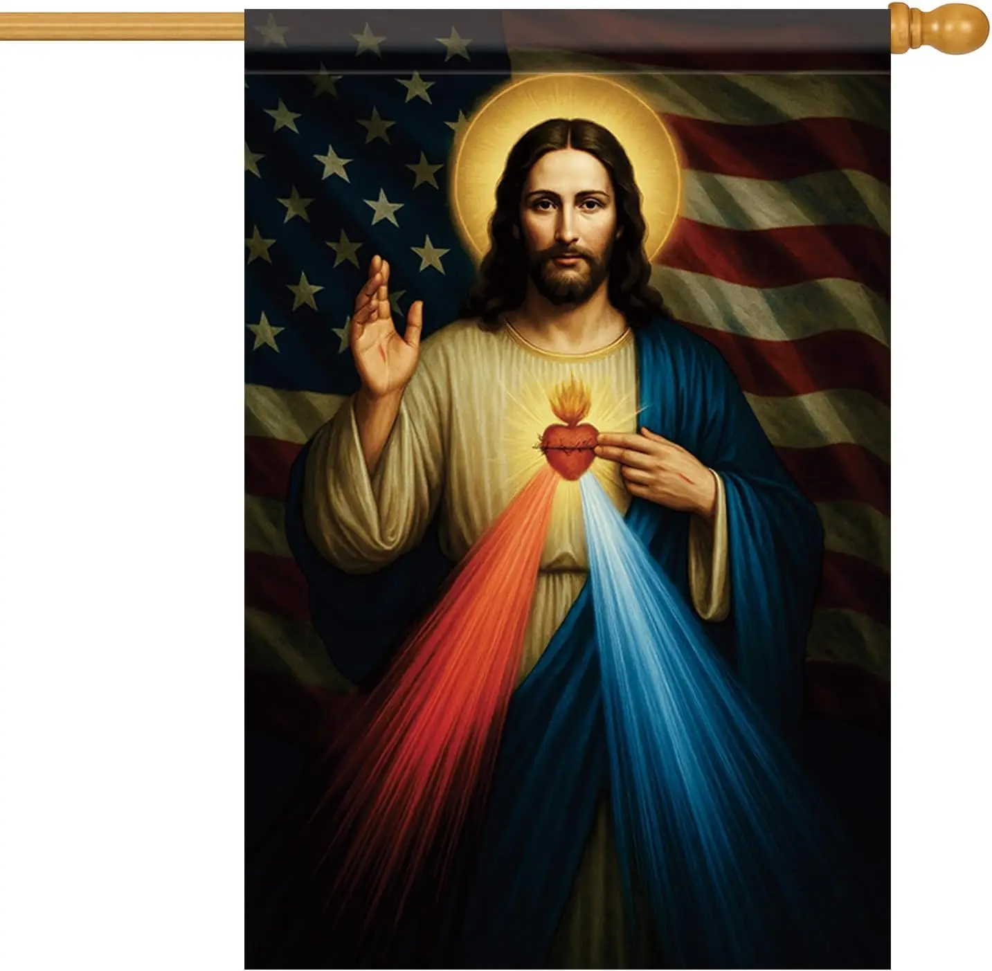 Christian House Flag 28x40 Inch Sacred Heart of Jesus Garden Flag Double Sided Divine Mercy Red Blue Rays USA Flag Backgroun yyi