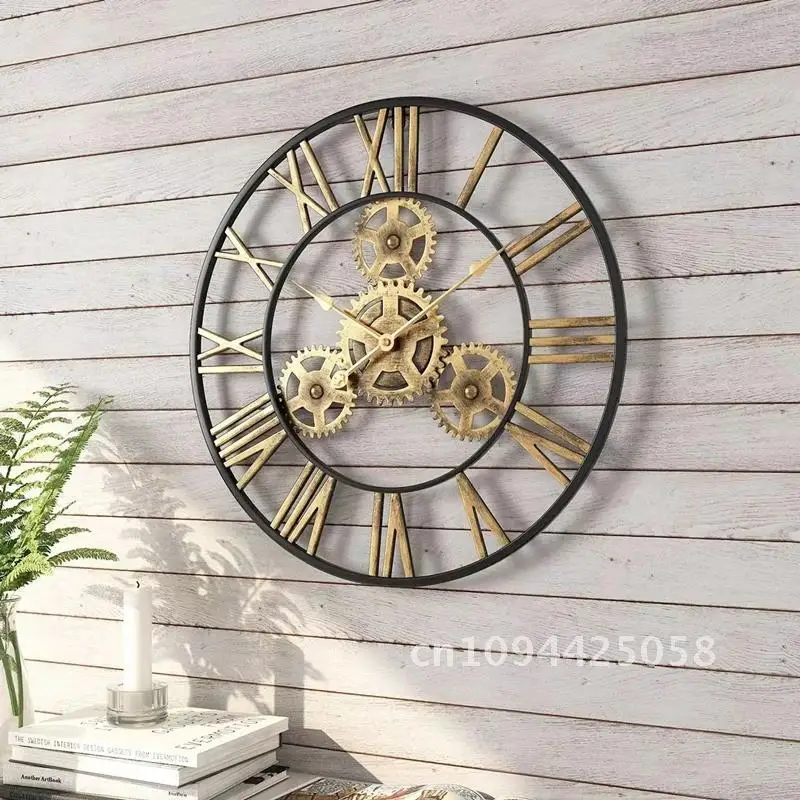 

3D Large Wall Clock with Roman Numerals, Round Metal Iron, Industrial Wind Gear, Silent Hanging Ornament, Living Room Decoration