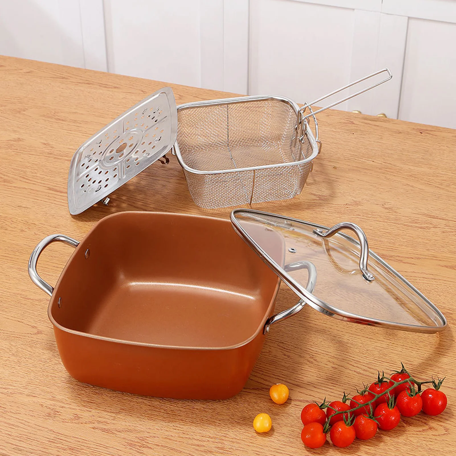 

4PCS/Set Square Frying Pot Non Stick Pan Portable Japanese Style Frying Pan with Oil Drip Drain Basket for Wedding Housewarming