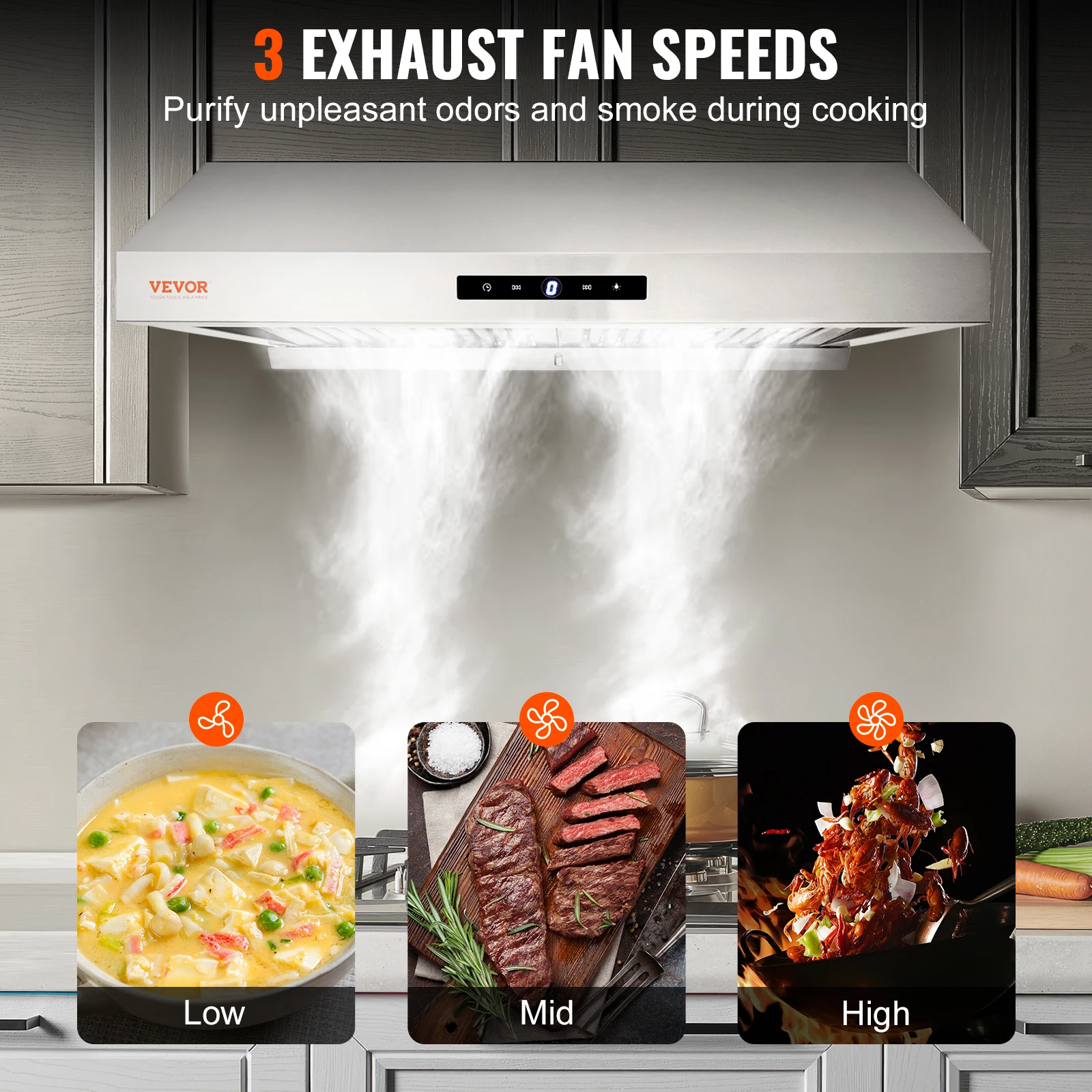 موقد مطبخ بمحركات مزدوجة VEVOR ، فتحة تهوية ، غطاء نطاق الخزانة ، لوحة تحكم تعمل باللمس الدائم ، فضي ، 30"