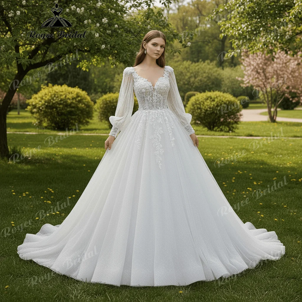 Deep V 3D Floral Wedding Dress Puff Pearl Tulle Sleeve Low Lace Up Back Sparkle Tulle A Line Bridal Gown Customized