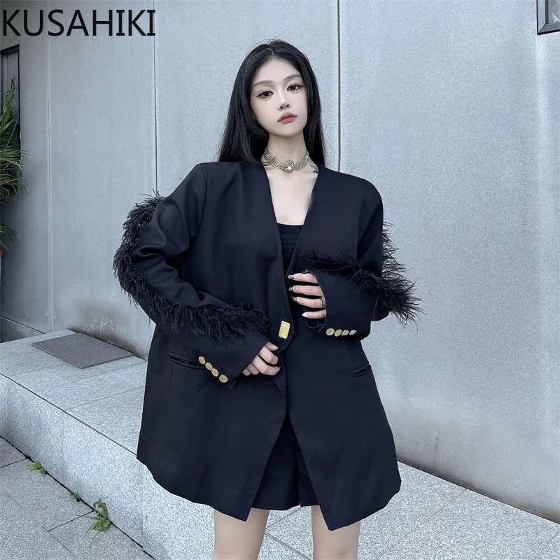 KUSAHIKI Harajuku Fashion Feathers Patchwork Long Sleeve Blazer Coat Causal Women Autumn Medium-long Suit Jackets 2023 New