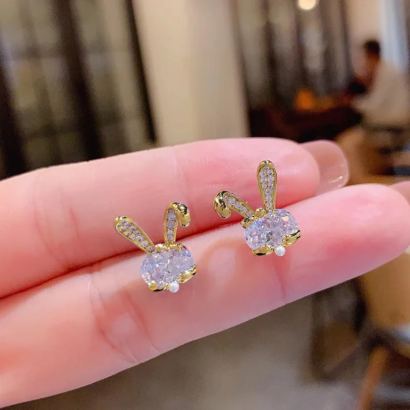 Huitan Chic Rabbit Ears Shaped Stud Earrings for Women Dainty Cubic Zirconia Earrings Exquisite Party Gift New Trendy Jewelry