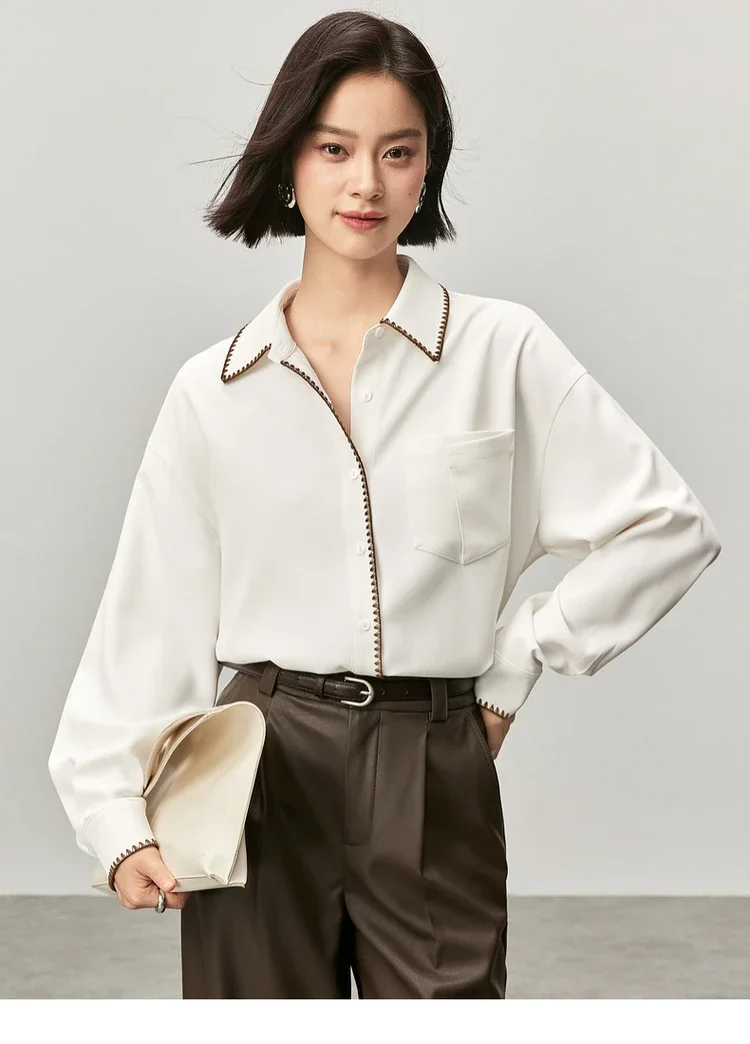 

SENTUBILA Office Lady Patchwork Shirt for Women 2024 Autumn Fashion Turn Down Collar Folds Cuff Top Women Blouse 143C56187