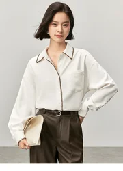 SENTUBILA Office Lady Patchwork Shirt for Women 2024 Autumn Fashion Turn Down Collar Folds Cuff Top Women Blouse 143C56187