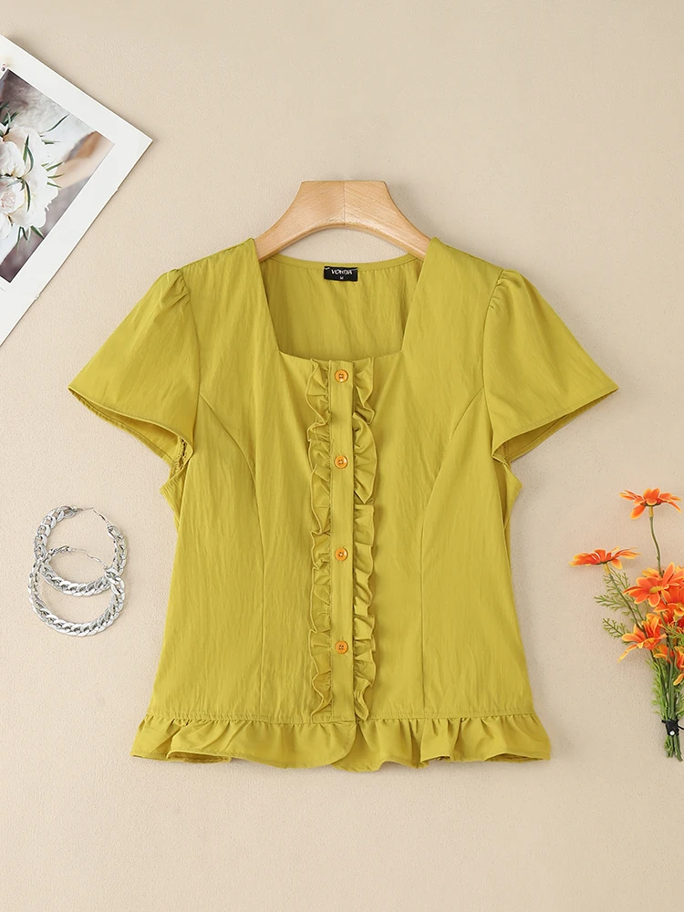 

VONDA 2025 модные женские рубашки сексуальный квадратный воротник элегантная однотонная блузка с коротким рукавом корейский топ туника повседневная милая Blusas Femme