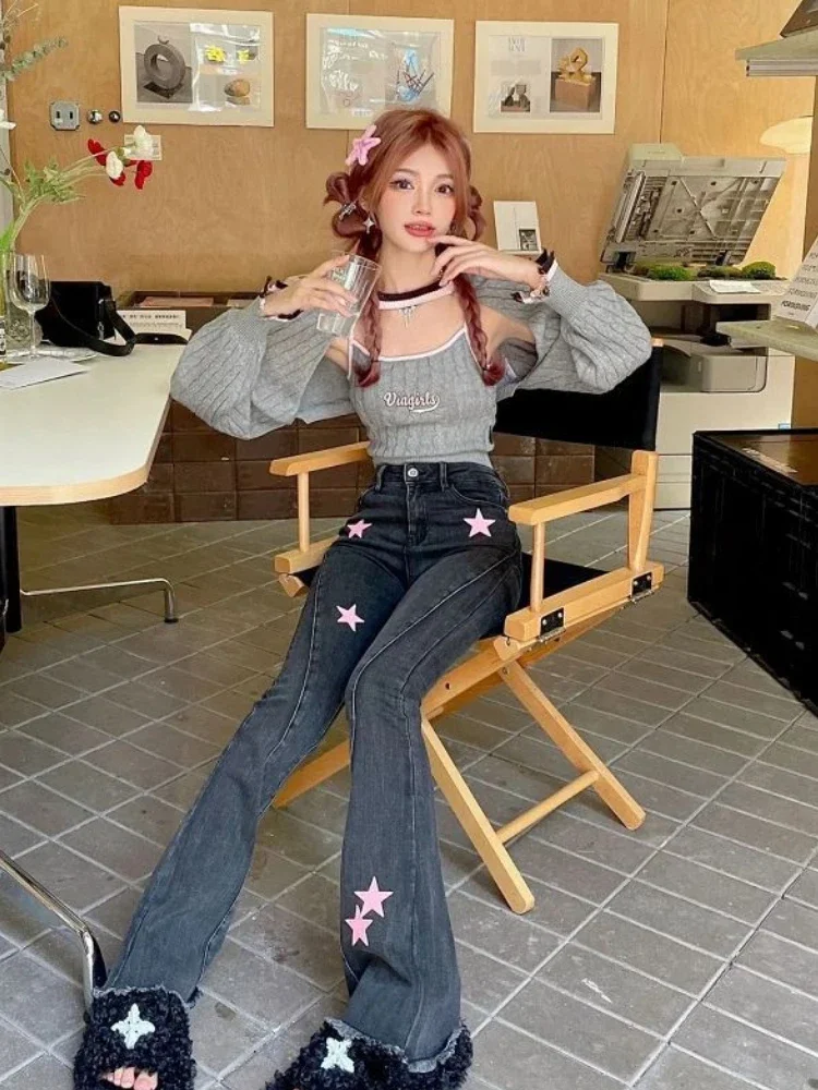 

Джинсы S-4XL, женские широкие брюки, корейский стиль, стираная лоскутная винтажная тонкая универсальная нежная мода, весна-лето, милая звезда, повседневная