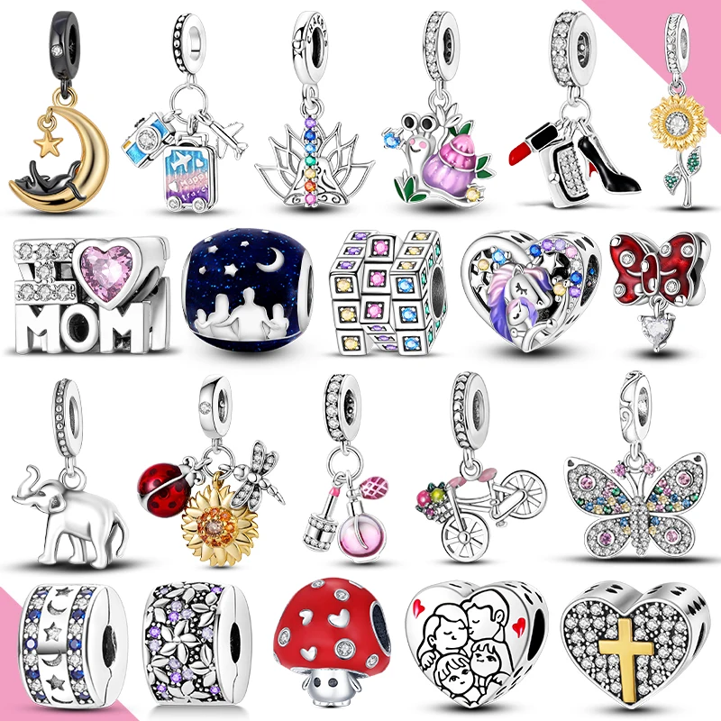 Argento 925 con perline di fascino fiore cuore aereo adatto braccialetto originale Pendnat fai da te per gioielli donna