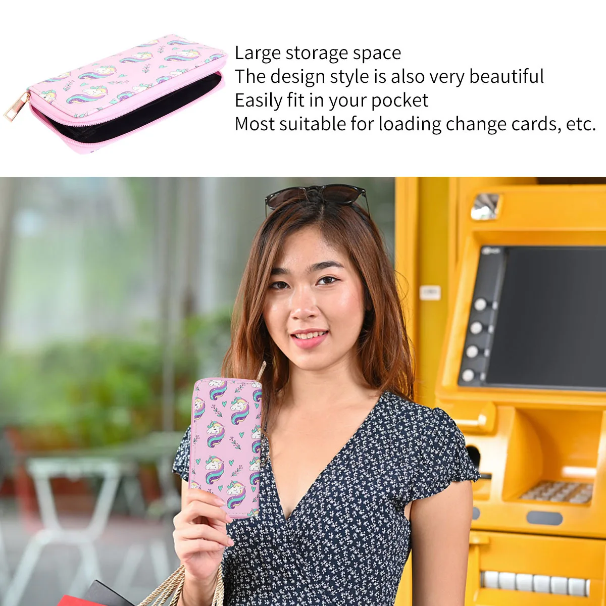 محفظة جميلة بنمط وحيد القرن من البولي يوريثان، محفظة طويلة، منظم بطاقات مدمجة، حامل نقود، تصميم كرتوني للمدرسة النسائية #1
