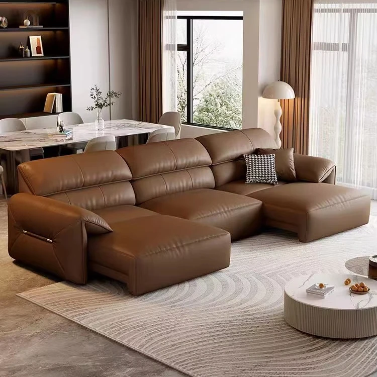 

！@Factory Price French Cream Style Elephant Ear Leather Electric Intelligenct Retractable Straight Extendable Soft Sofa