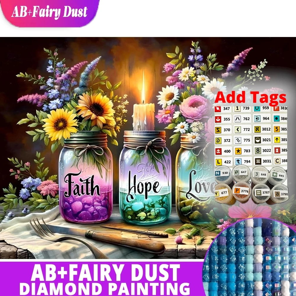 AB Fairy Dust Full Square Round Diamond Mosaic Mason Jar Flower Quote Text Faith Hope Love Painting Rhinestones Embroidery Wall