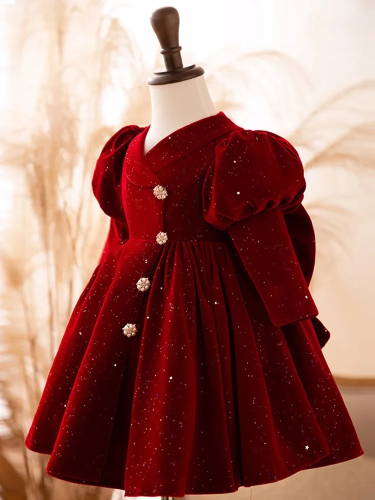 Christmas Party Children Girl Burgundy Velvet Princess Dress Piano Performance Formal Costumes Birthday Gala Kid Elegant Clothes