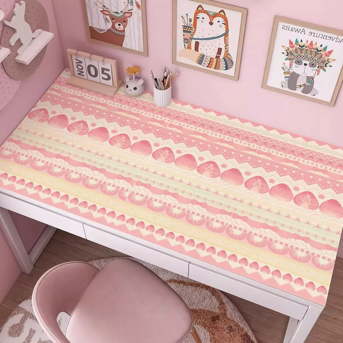Leather Desk Pad Protector Pink Strawberry Cake Cream Y2K Ins Mouse Pad Office Desk Mat Waterproof Non-Slip PU Desk Blotter Pad