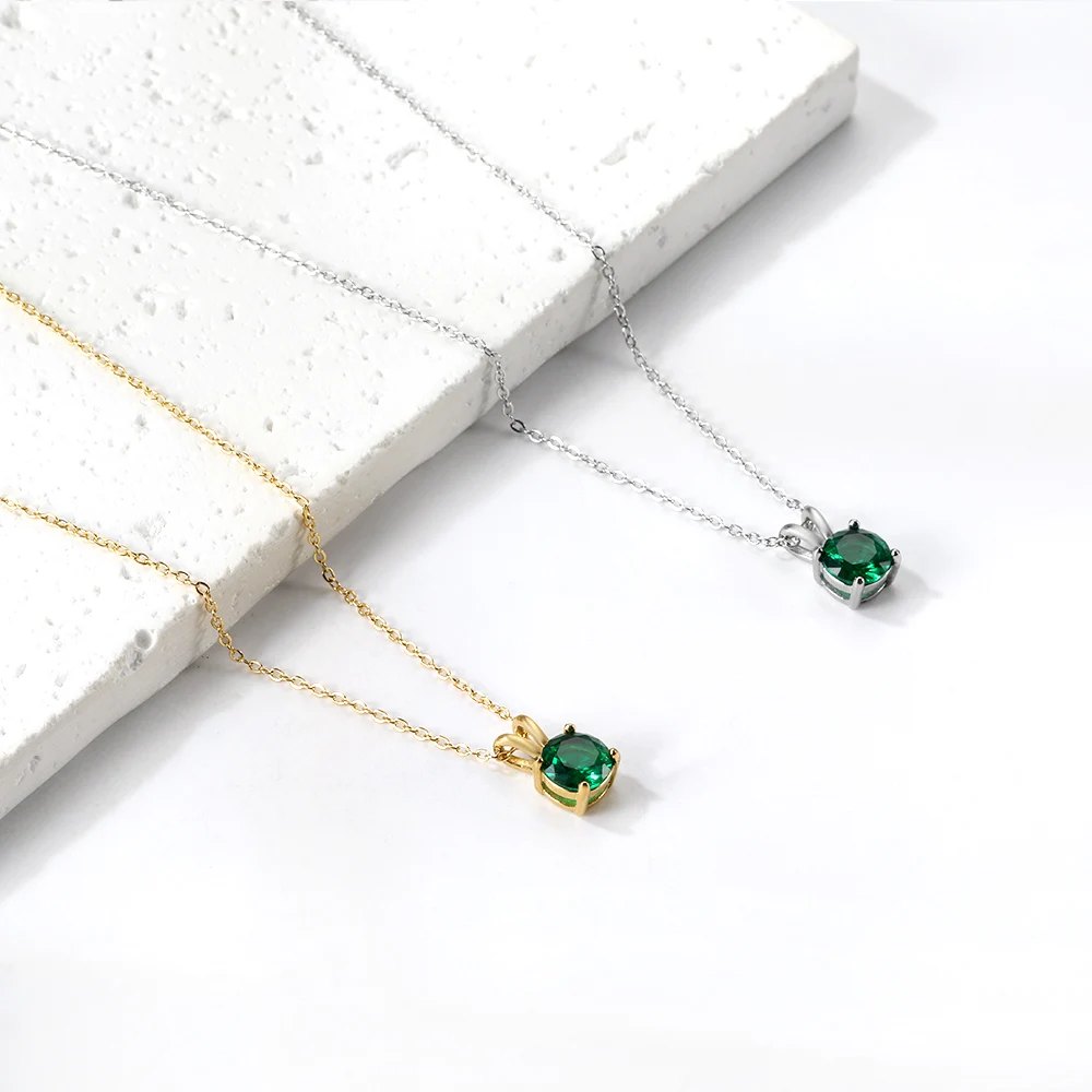 LUXUSTEEL Retro Colorful Round Crystal Pendant Necklace For Women Stainless Steel Rolo Chain Green White Red CZ