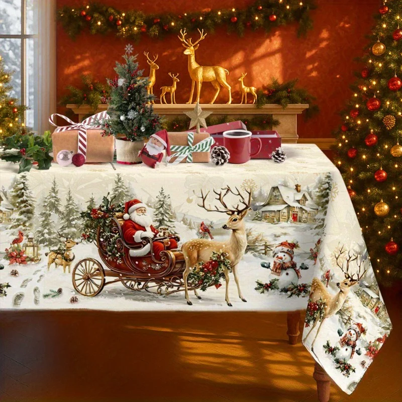 1pc  Vintage Christmas Santa Sleigh Reindeer Winter Scene Tablecloth for Holiday Dining Decor