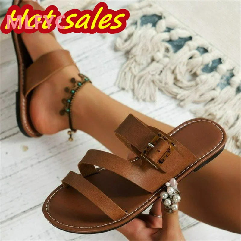 2023 Autumn New Flat Bottom Buckle Strap Slippers European and American Large Round Head Leopard Print Women's Slippers