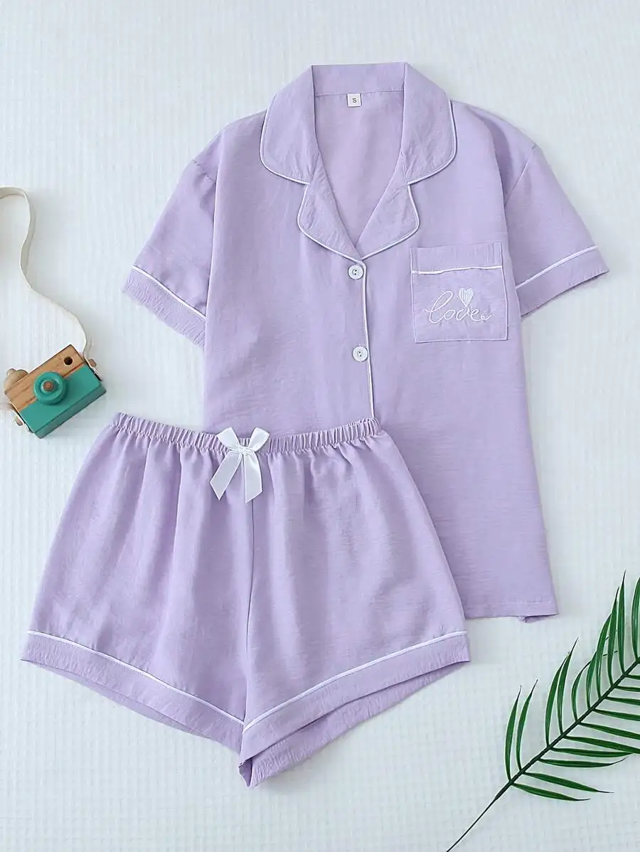 Womens Lavender Short Sleeve Lapel Button Up Pajama Set With Bowknot Shorts
