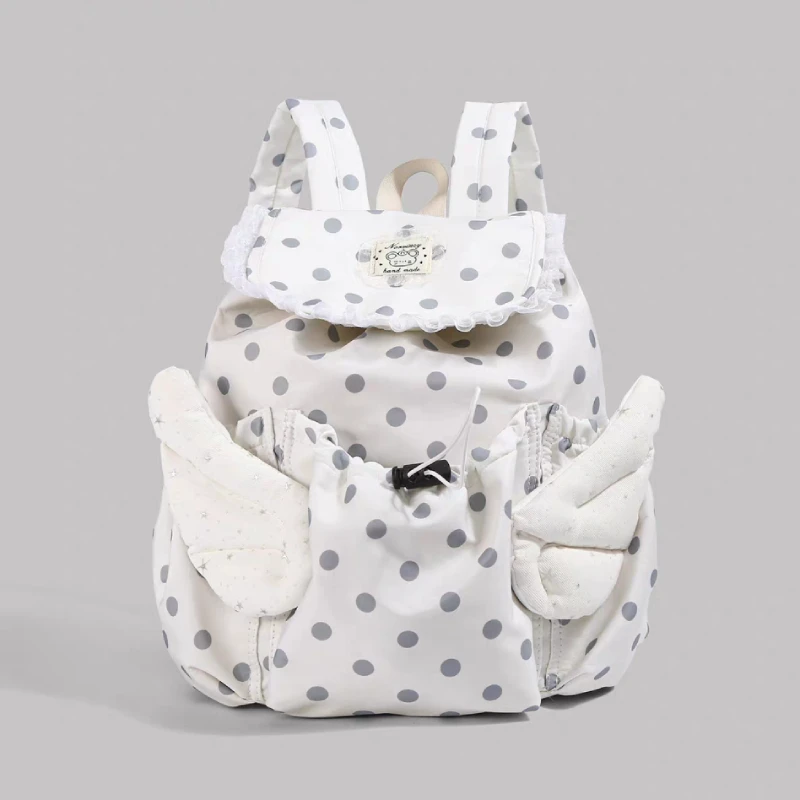 Angel Wings Drawstring Polka Dot Students Backpack,Korean Cute Sweet Nylon School Bag,Lightweight Casual Spacious Travel Bag