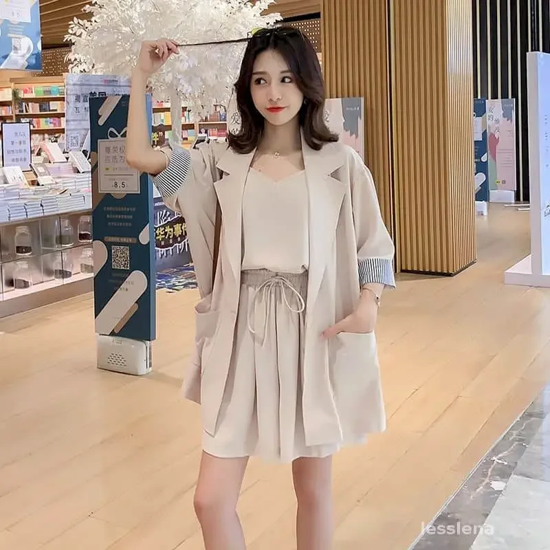 

2024 Summer Women Suits Extra-large Size Fashion Suits Jacket Thin Sling Shorts Three-piece Set Shorts Suit Blazer Set For Women