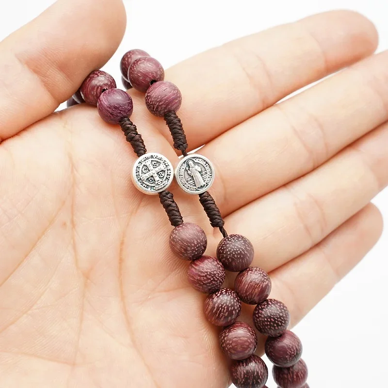 Retro Wooden Rosary Beads Car Ornament For Women Mother Gifts Saint Benedict Medal Cross Jesus Religious Car Pendant