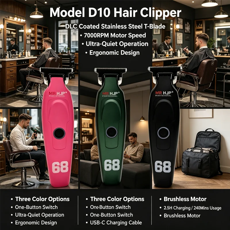 New D10 Professional Men's Barber Trimmer Hair Salon Hair Clipper Engraving Push Angle DLC Coating 0 Blade High Speed Low Noise