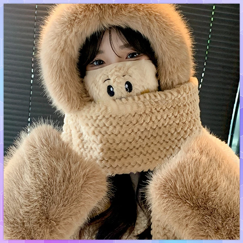 

Gorras Winter Women Novelty Beanies Caps Warm Cute Bear Ear Hat Casual Plush Hats Scarf Solid Hooded Caps Mask Present 겨울모자