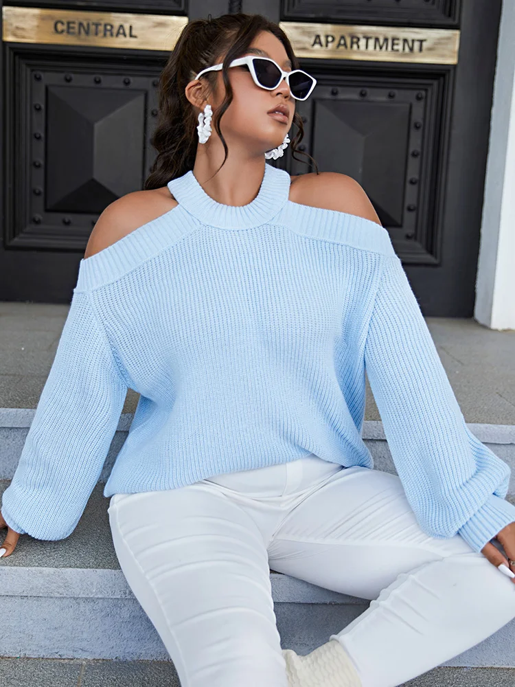 ONELINK Sky Blue Knit Pullover Sexy Halter Neck Hollow Out Off Shoulder Plus Size Women\'s Sweater Long Sleeve