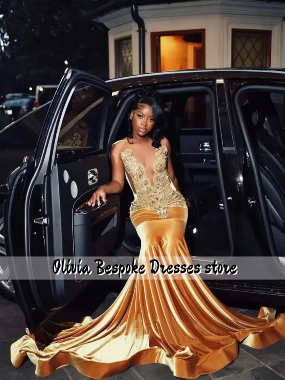 Fabuloso ouro cristal beading sereia vestidos de baile luxo preto meninas vestido de noite formal ocasião vestido personalizado