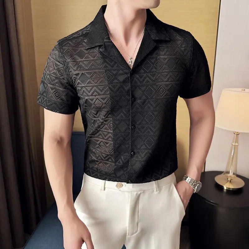 Hollow Thin Small Fragrance-style Shirt Cuban Collar Short Sleeve Korean Style Slim and Fashionable Floral Shirt