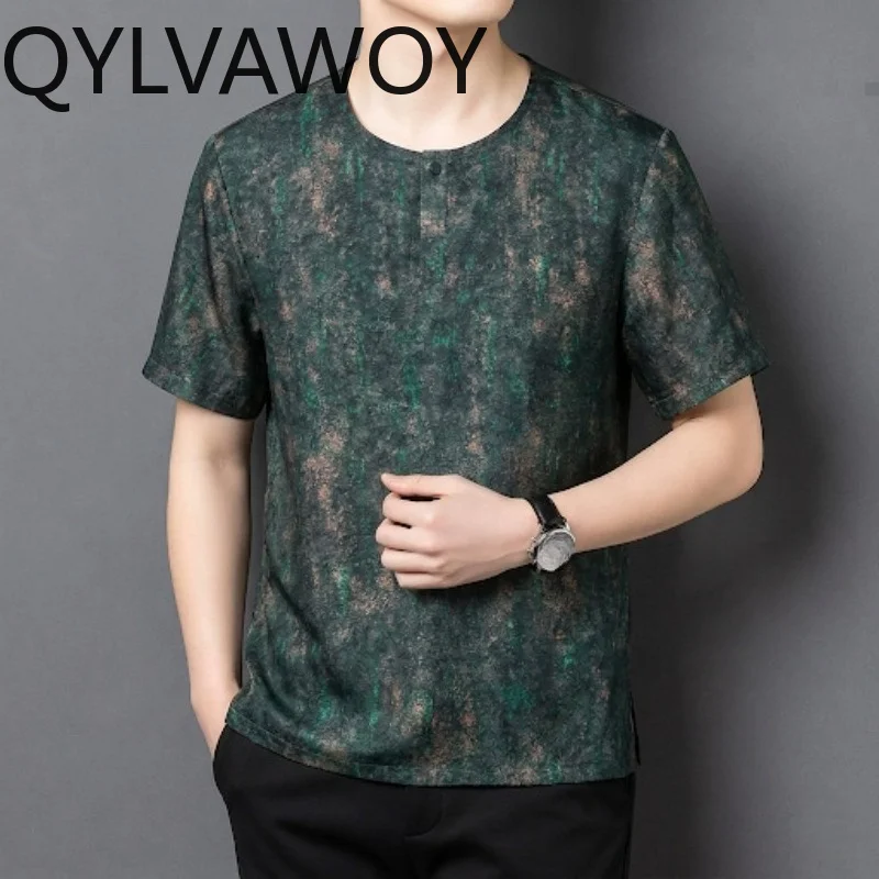 QYLVAWOY 100% Mulberry Silk Short Sleeve T Shirt Large Size Men's Shirts Xiangyunsha Shirt Retro Summer Clothes for Man Loose