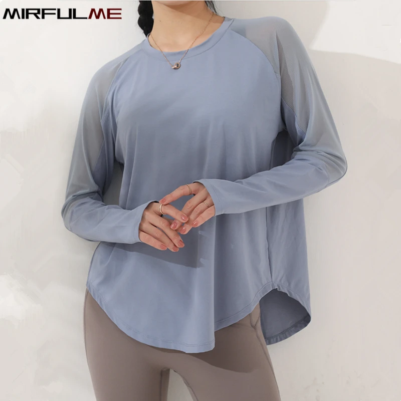 Autumn Women Loose Yoga Shirt Forked Running Sport Tops Mesh Breathable Long Sleeve T-Shirt Oversized Gym Workout Top Sweatshirt