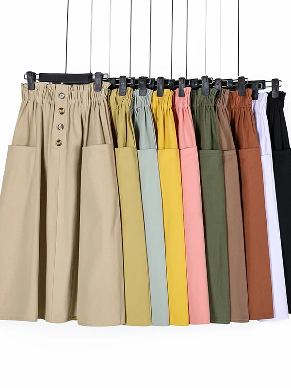 

Летняя повседневная юбка миди из хлопка и льна для женщин, свободная, А-силуэт, расклешенная, стройнящая, для полных, для работы, с художественной отделкой на пуговицах