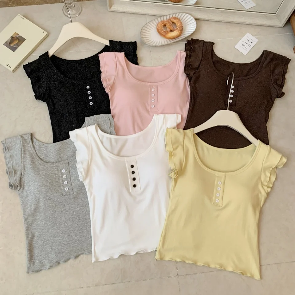 Summer New Sweet Button Lace Trim Splice U-neck Short Sleeve T-shirt Women Slim Fixed Belt Chest Pad Short Versatile Nylon Fa...