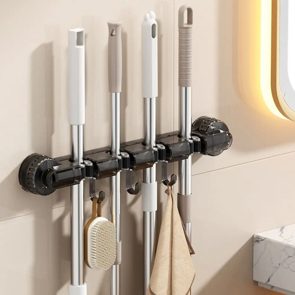 

Practical 4 Clips Suction Cup Mop Holder Traceless Wall Mounted Mop Clip Holder Space Saving with Hooks Mop Storage Rack Kitchen