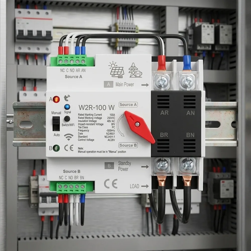 2P 100A AC220V Transfer Switch with WiFi Remote Monitoring and Control for Solar PV Generator and Grid Power Systems