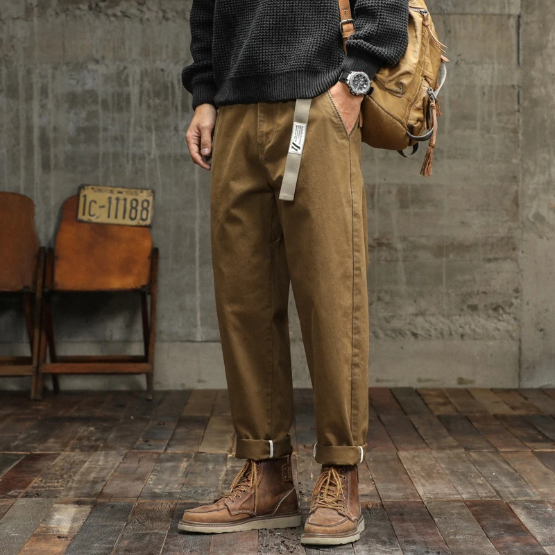 

Мужские брюки-карго с высокой талией в американском стиле ретро, свободные неополитанные повседневные длинные брюки, модная рабочая одежда