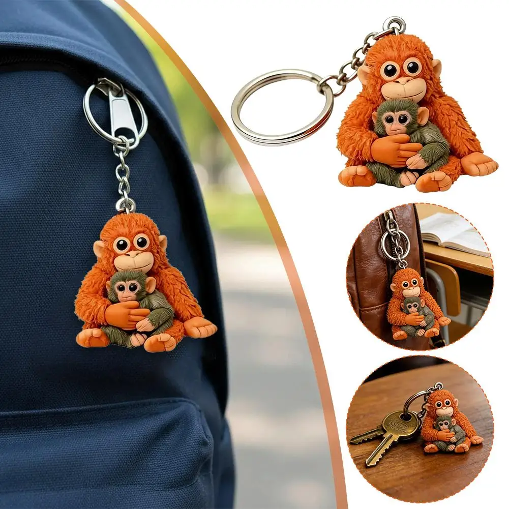 2D Protect Punch The Monkey Keychain Decoration,Cute Monkey Holding Plush Toy,The Monkey Keychain For Backpack Purse Car Keys