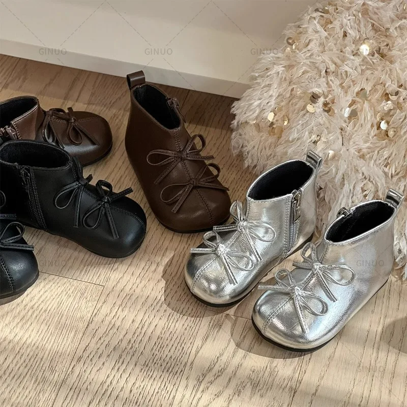 

Кожаные ботинки для девочек с боковой молнией, детские ботильоны в корейском стиле, новые детские короткие сапоги с двойным крючком и петлей, новинка 2023 года, стиль принцессы