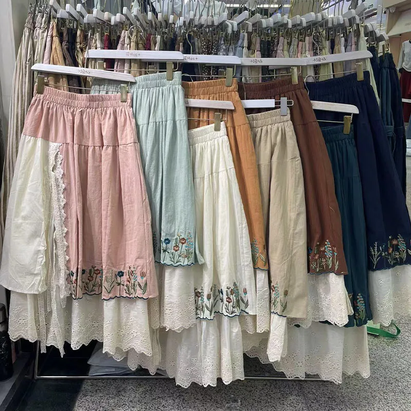 

Artistic Embroidered Lace Patchwork High Waist Casual Midi Skirt Elastic Vintage Sweet Small ence Aosphere A-Line Skirt