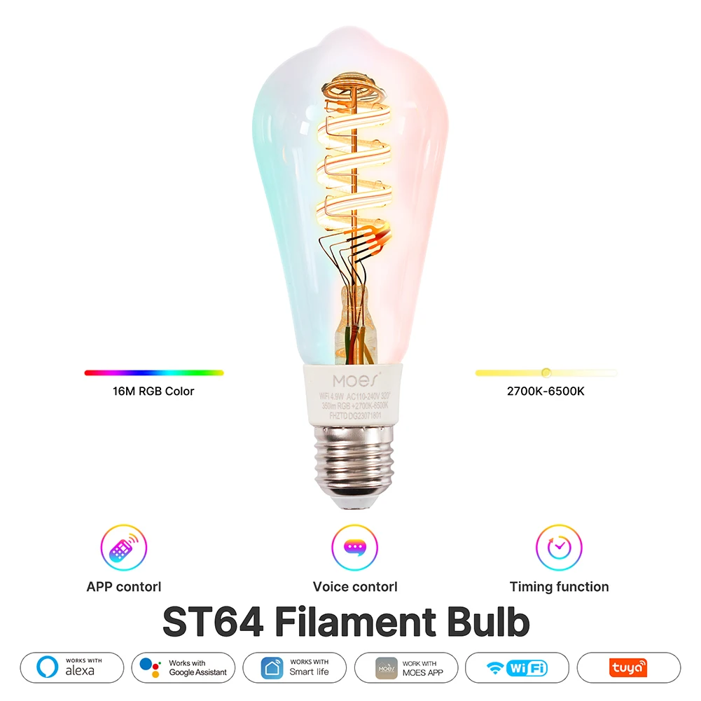 

Умная лампа Tuya WiFi со светодиодной нитью, 16 миллионов RGB, меняющие цвет, умные лампы, работающие с управлением через приложение Alexa/Google Home 350LM