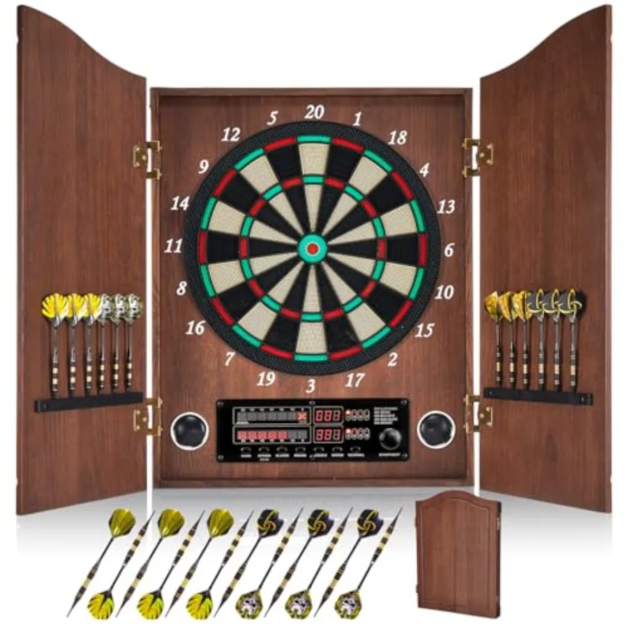 

Electronic Dart Board, Decorative Dart Board Cabinet Set for Adults [12*Bronze Soft Tip Darts] [Cricket Game Mode]- Wooden Elec