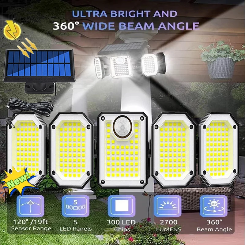 

Solar Lights Outdoor Motion Sensor, 5Head Flood Lamp with Remote Control, 300° Wide Angle Security Light for Yard Patio Garden