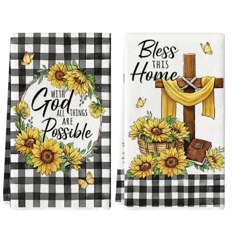 2Pcs, Black and White Checkered Sunflower Kitchen Towels, 40Cm*60Cm Towel Set, Best Kitchen Towels, Super Absorbent Soft Cleaning Cloth, Cooking and Baking Tea Towel, Hand Towel, Cleaning Cloth, Dishwashing Cloth, Kitchen Decoration, Living Room Decorations, Kitchen Essentials, Home Essentials