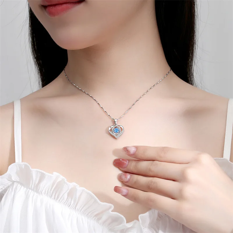 S925 gelang kalung hati laut perak, Set perhiasan dua potong zirkon biru Retro mewah untuk wanita