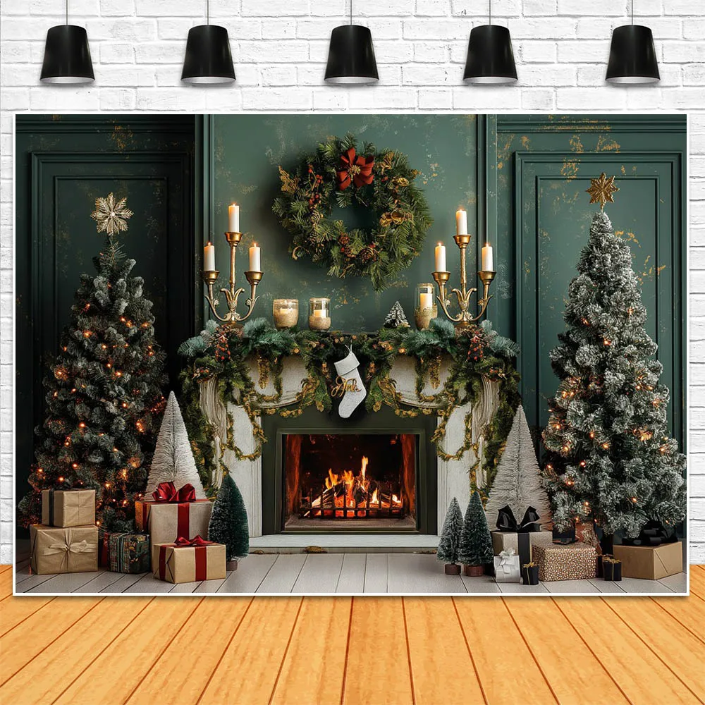 Mocsicka Christmas Fireplace Backdrop for Photography Vintage Green Wall Window Snow Xmas Tree Family Portrait Background Props