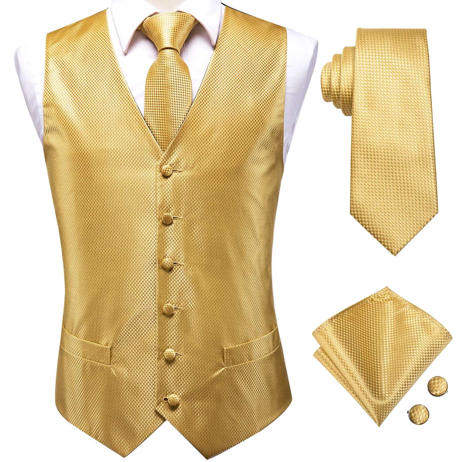 Solid Gold Textured V-Neck Vest Accessory Kit Tie Square Cufflinks For New Year Gala Wedding Ceremony Stage Show