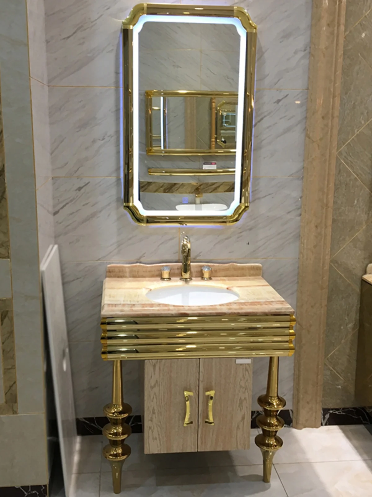 Custom New Classical Stainless Steel Bathroom Cabinet Combination Bathroom Waterproof Washbasin Custom Marble Washstand